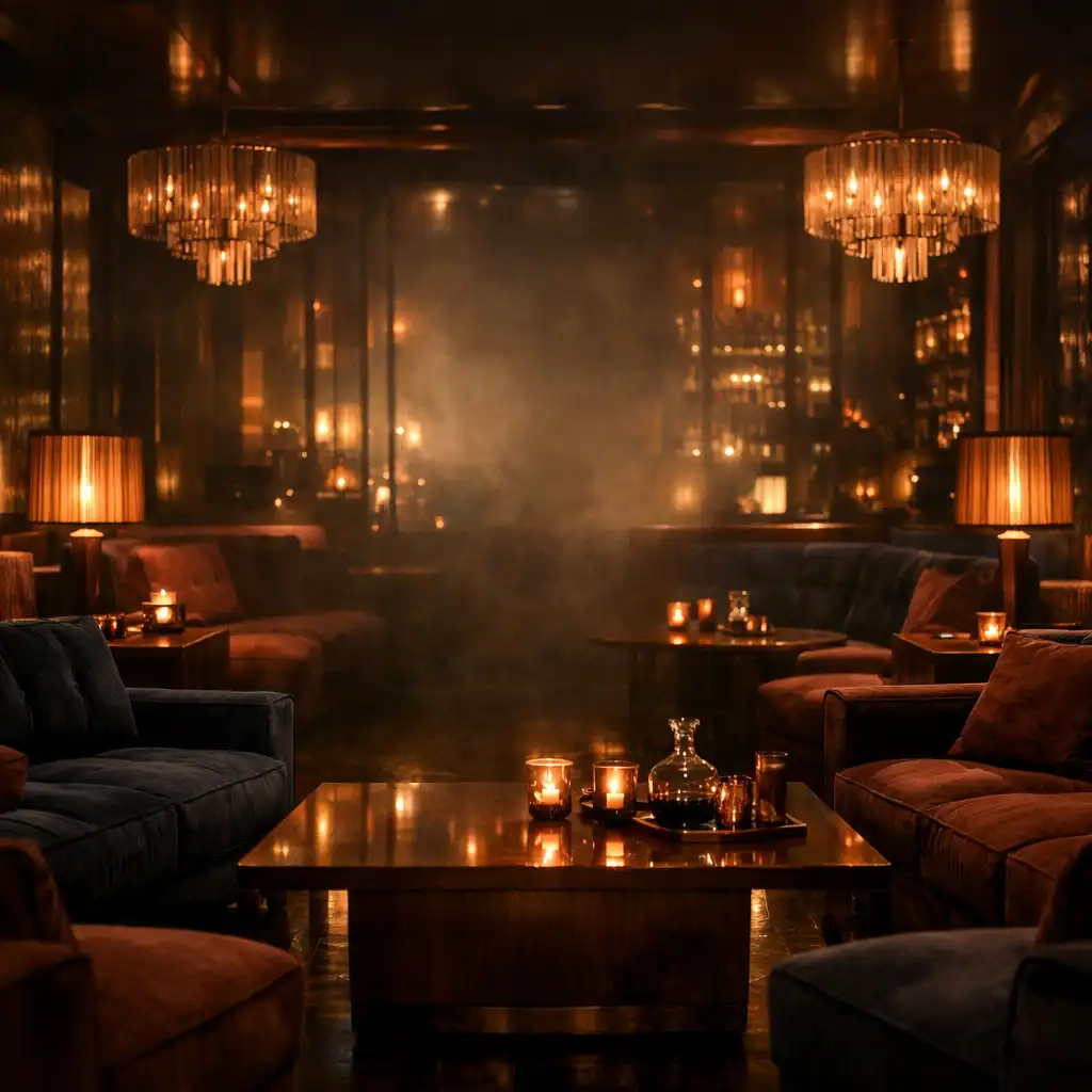 Luxus lounge tér meleg fényekkel és elegáns berendezéssel