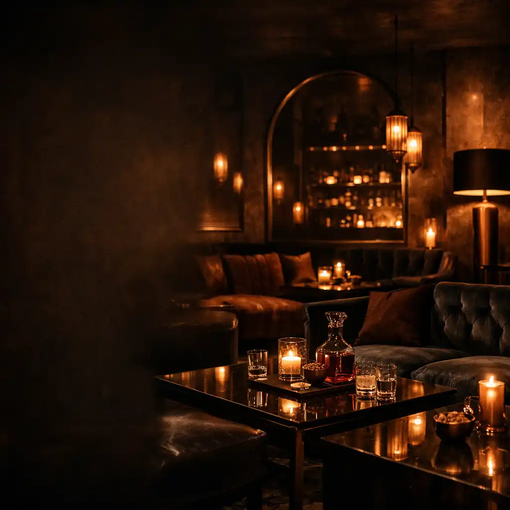 Elegáns, félhomályos lounge tér meleg fényekkel Budapesten