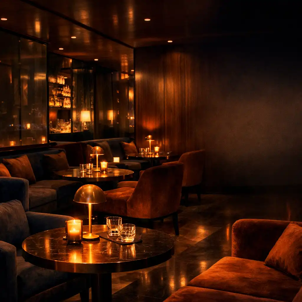 Luxus budapesti lounge enteriőr meleg fényekkel és elegáns berendezéssel