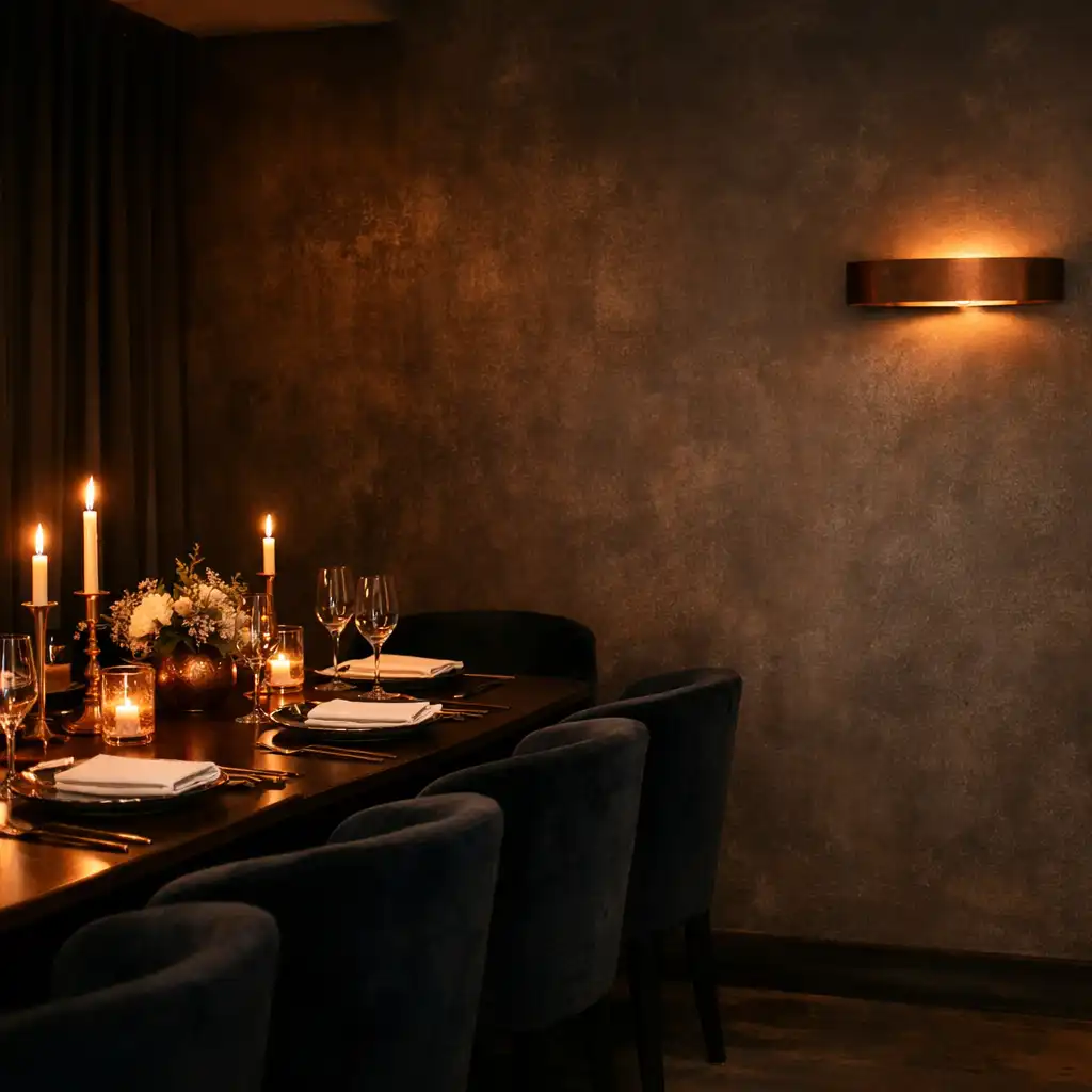 Privát étkező lounge elegáns, félhomályos környezetben