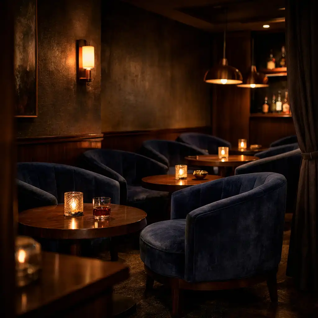 Diszkrét privát lounge tér bársony székekkel és meleg fényekkel