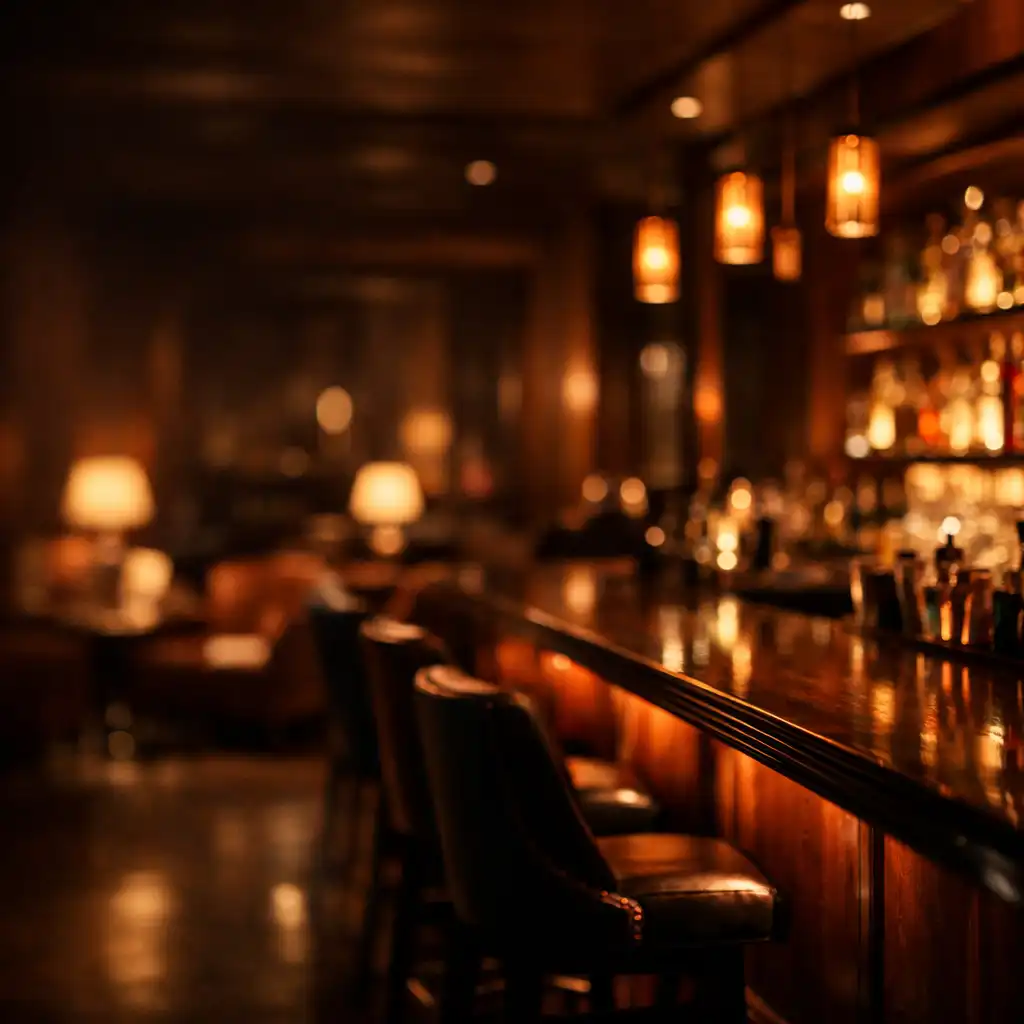 Elegáns, félhomályos lounge tér meleg fényekkel